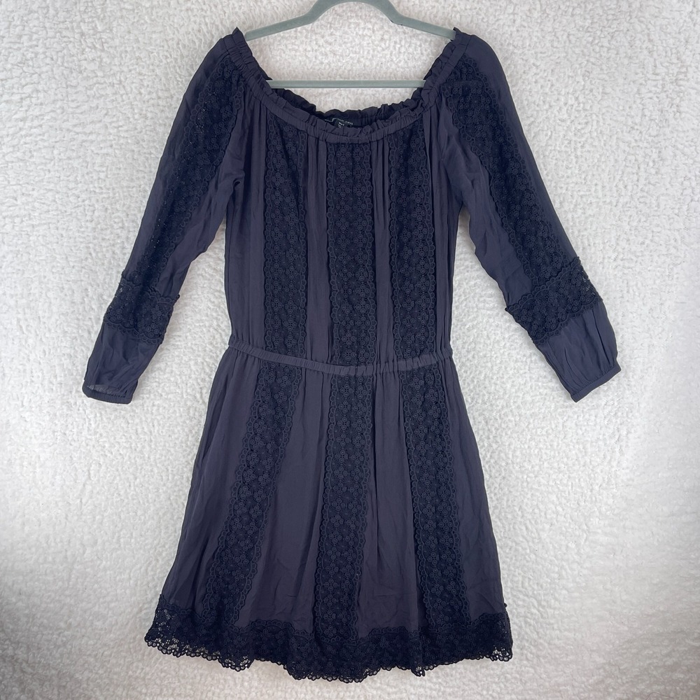 Boston Proper Black Long Sleeve Crochet Dress Womens Off Shoulder Size Small